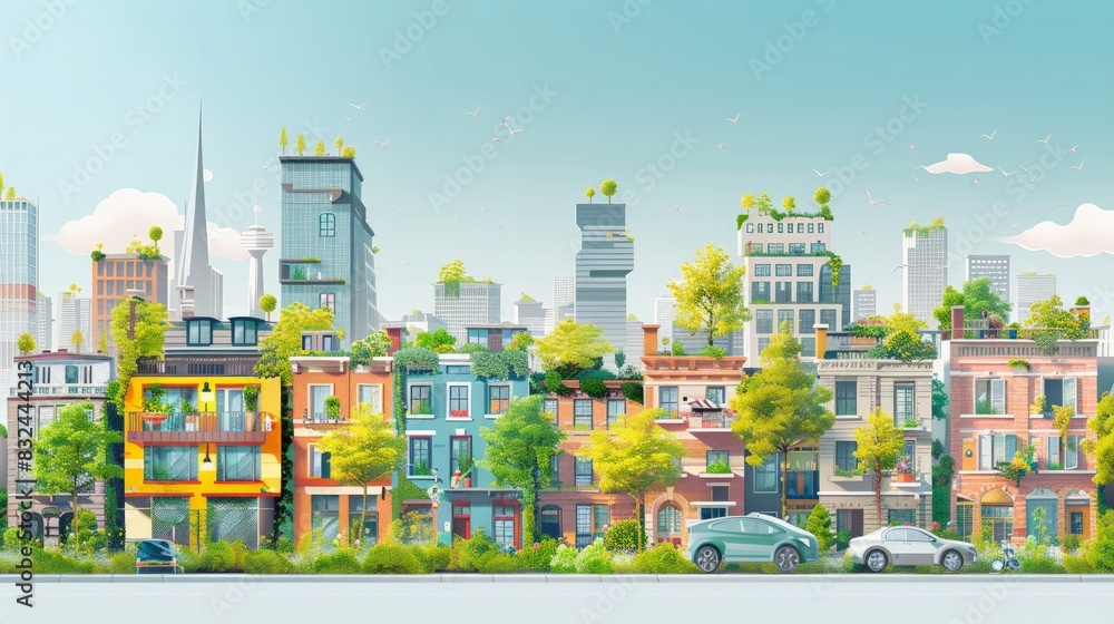 Sustainable Urban Living: Illustrate a vibrant cityscape incorporating sustainable Highlight the integration of eco-friendly practices in modern urban life. Sustainable Urban Living: Illustrate a vibrant cityscape incorporating sustainable Highlight the integration of eco-friendly practices in modern urban life.