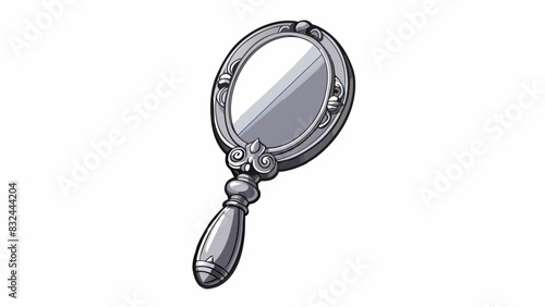 A small handheld mirror made of polished silver with intricate engravings on the back. The reflective surface is slightly warped giving a distorted. Cartoon Vector.