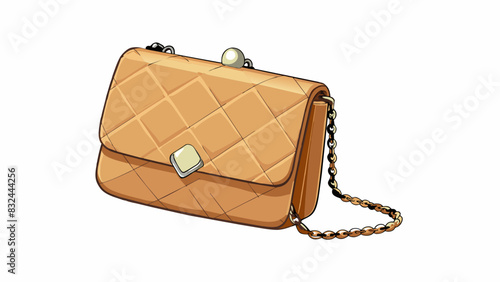 A small quilted clutch purse in a shimmery champagne color perfect for a formal evening event. The bag has a jeweled clasp and a delicate chain s for. Cartoon Vector.