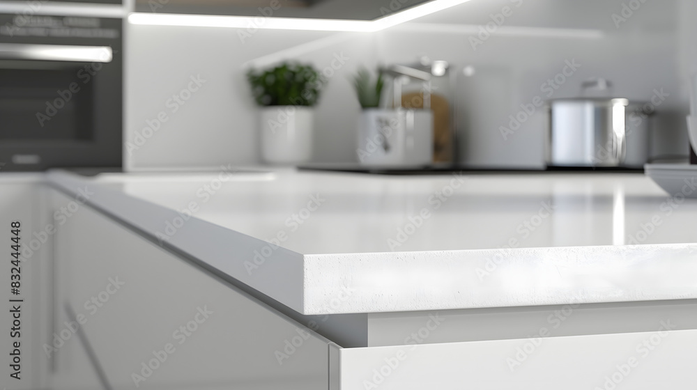 A close-up shot of a modern white and clean kitchen countertop in a modern white kitchen isolated on white background, isometry, png
