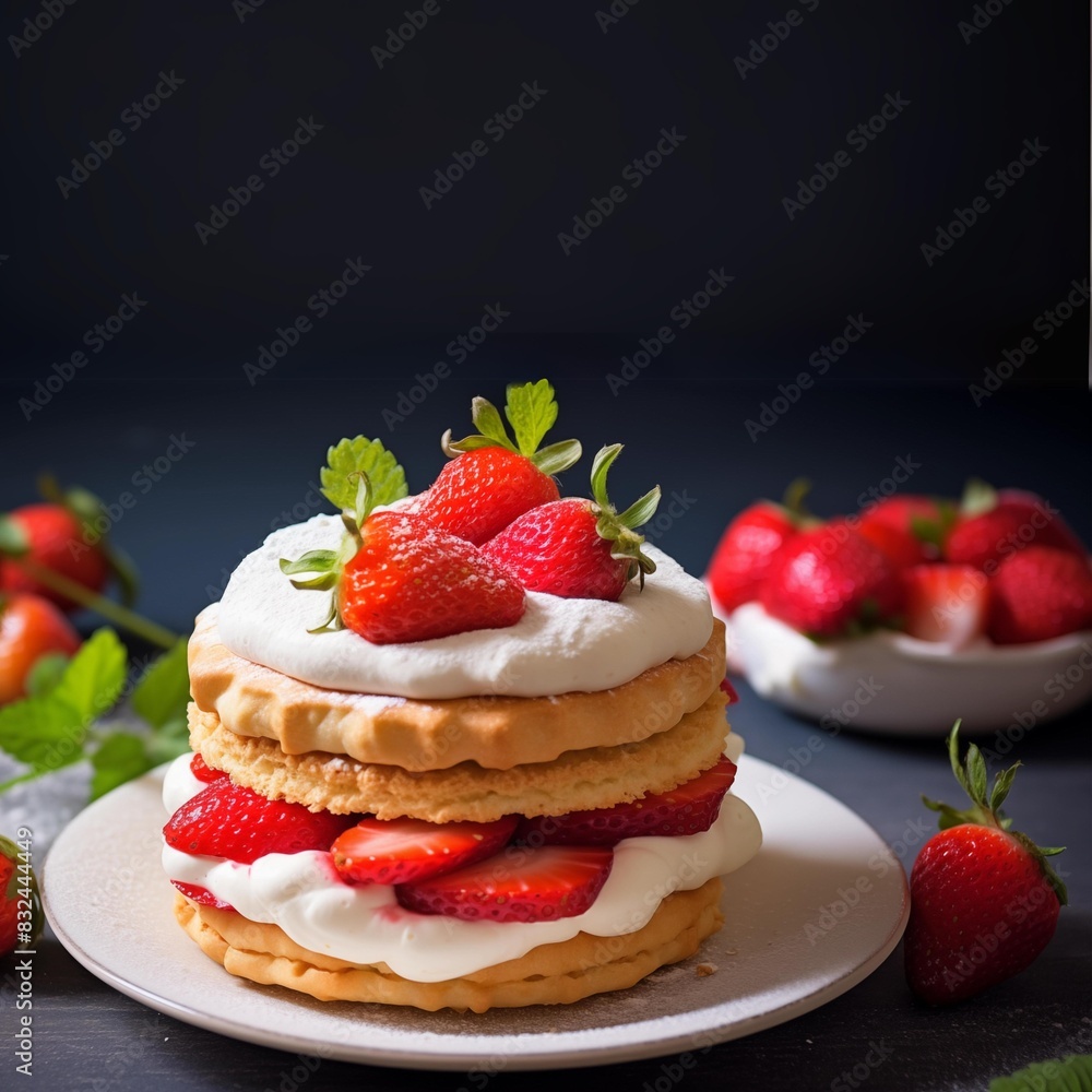 close up of cake with strawberries and cream; photo of plate with homemade pancakes decorated with whipped cream; space for text; black background close up of cake with strawberries and cream; photo of plate with homemade pancakes decorated with whipped cream; space for text; black background
