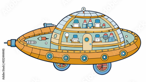 A spaceship unlike any other with multiple layers and compartments connected by winding tunnels. The exterior is adorned with intricate markings and. Cartoon Vector.