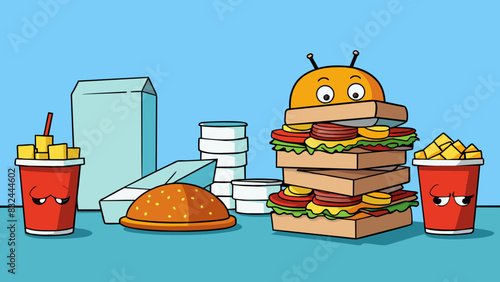 A stack of cled packagings and empty containers of fast food tered around a desk or a car. This persons cravings for greasy fast food is so strong. Cartoon Vector.