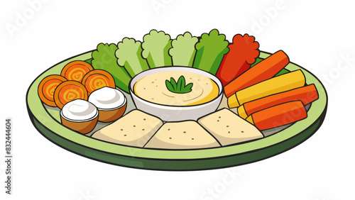 A spread of vegetables and dips on a party platter featuring an assortment of colors and textures. The spread includes crisp carrots crunchy celery. Cartoon Vector.