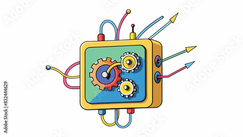 A squareshaped mechanism with multiple colorful wires and gears designed to show the time and emit loud noises at precise intervals.. Cartoon Vector.