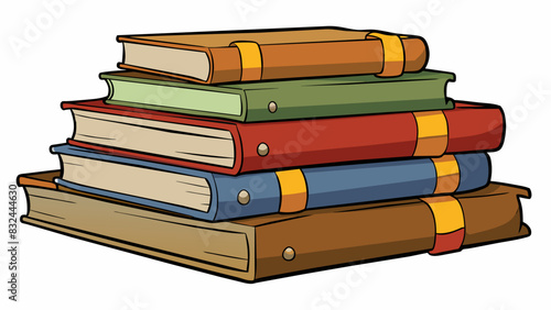 A stack of heavy books stacked on top of each other imposing their weight and presence on the desk. The spines of the books are worn and creased. Cartoon Vector.