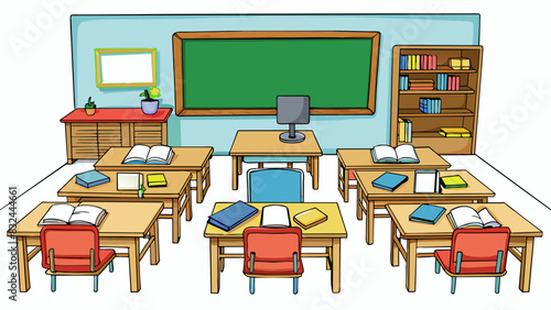 A standard classroom setting with a chalkboard at the front rows of desks and chairs and a bookshelf filled with textbooks. A teachers desk sits at. Cartoon Vector.