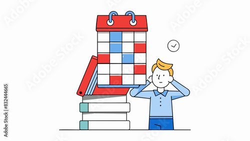 A stack of unfinished tasks and projects towering over a persons head creating a sense of being overwhelmed and stretched thin. The calendar on the. Cartoon Vector.