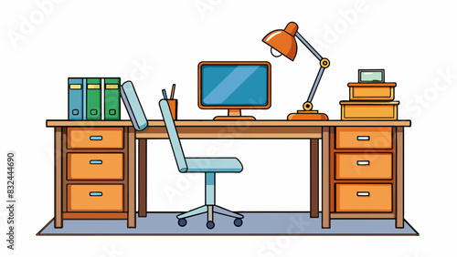 A standard office desk This piece of furniture is commonly found in a workspace and is used for writing typing and organizing paperwork. It is usually. Cartoon Vector.