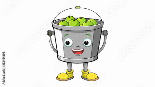 A steel bucket with a circular base standing 10 inches tall and 8 inches in diameter. It has a capacity of 2 gallons and can hold approximately 20. Cartoon Vector.