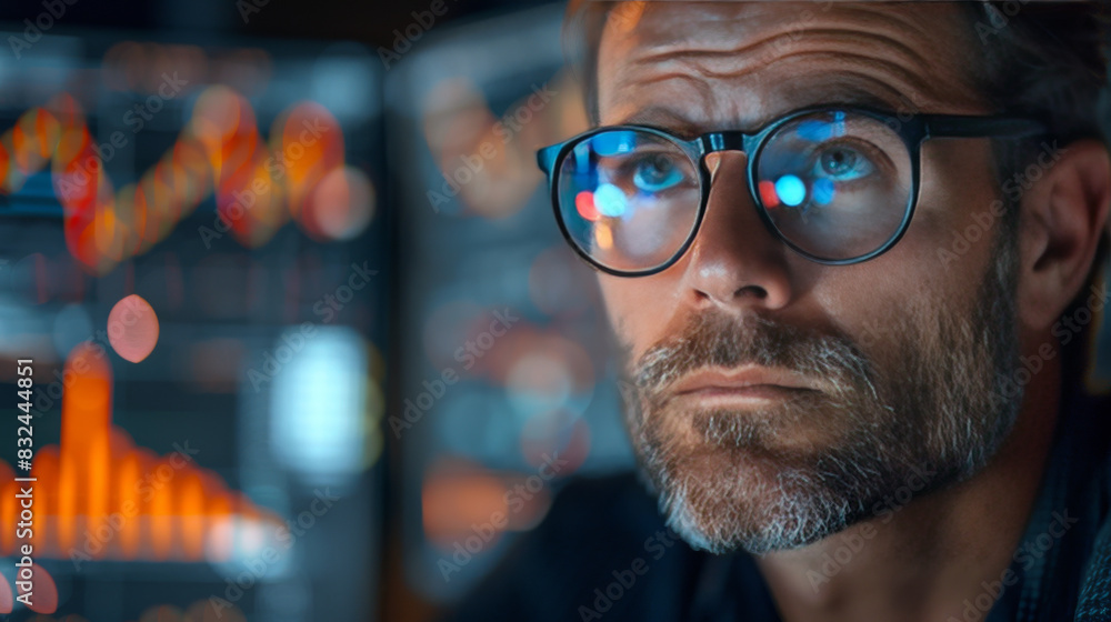 A focused trader with glasses analyzes financial data on multiple screens, reflecting market trends and stock charts. A focused trader with glasses analyzes financial data on multiple screens, reflecting market trends and stock charts.