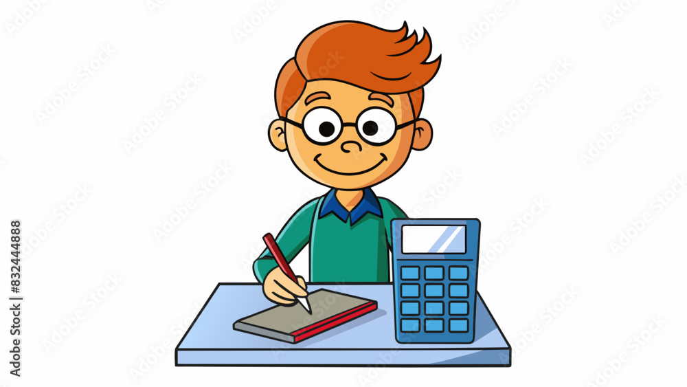 A student using a calculator during a math test relying on its accuracy to solve the equations correctly.. Cartoon Vector. A student using a calculator during a math test relying on its accuracy to solve the equations correctly.. Cartoon Vector.