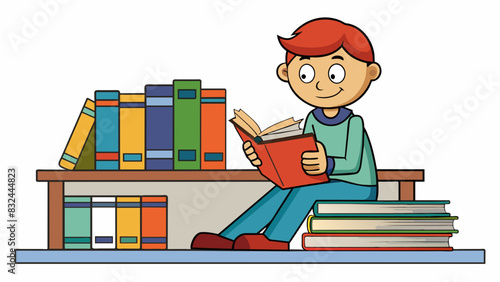 A student sits in front of a bookshelf sifting through textbooks and notebooks. They carefully consider the topics length and level of difficulty. Cartoon Vector.