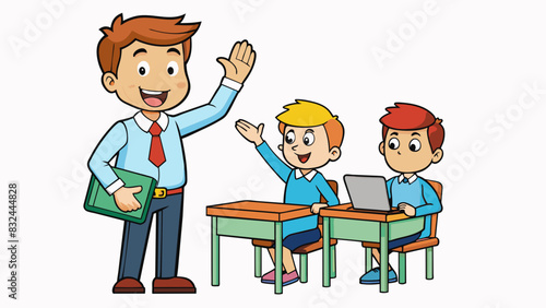 A student raising their hand in class and waiting to be called on acknowledging the teachers direction and showing they are ready to participate.. Cartoon Vector.