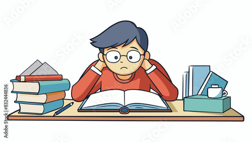A student staying up late into the night pouring over books and notes trying to understand a difficult concept. Their tired eyes and messy notes show. Cartoon Vector.