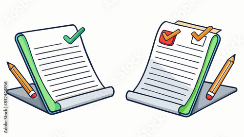 A students first draft of an essay is compared to their final polished version. The first draft is messy and full of errors with crossedout sentences. Cartoon Vector.