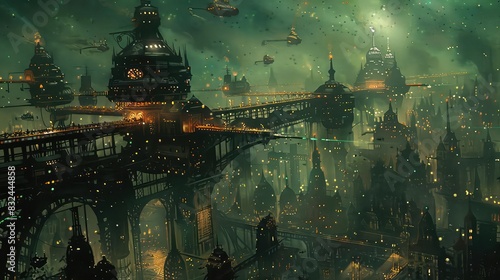 Steampunk cityscape with flying contraptions and elaborate bridges, vibrant colors, fantasy, digital art, whimsical and dynamic, photo