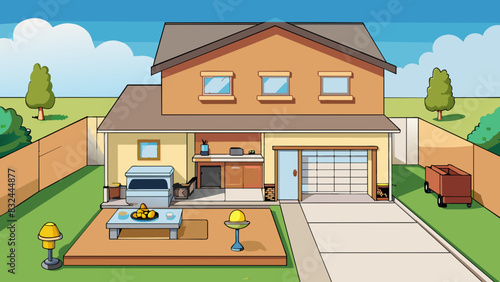 A suburban townhouse with a small front yard and a garage. The interior is bright and airy with tall windows and light wood floors. The kitchen has. Cartoon Vector.