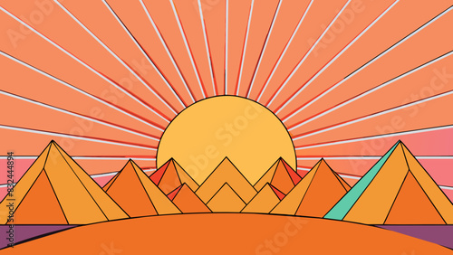 A sun rising from behind the mountains casting a warm glow over the landscape. Its rays slowly emerging from behind the peaks creating a beautiful. Cartoon Vector.