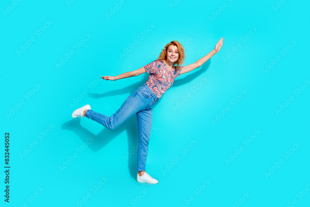 Full size profile photo of pretty woman run empty space wear t-shirt isolated on teal color background Full size profile photo of pretty woman run empty space wear t-shirt isolated on teal color background