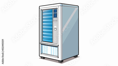 A tall rectangular machine with a glossy white finish and a digital panel on the front. Inside there are multiple drawers and compartments to store. Cartoon Vector.