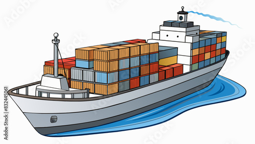 A sy grey cargo ship sailed smoothly across the glistening ocean its hull carrying a massive metal container stacked high with goods and supplies.. Cartoon Vector.
