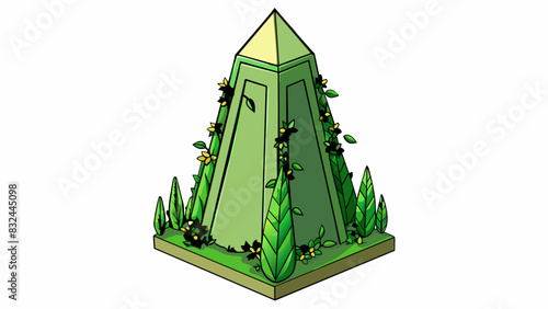 A tall rectangular structure with sy walls and a pointed top covered in vines and surrounded by lush greenery.. Cartoon Vector.