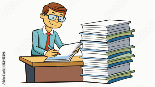 A teacher carefully grading a stack of student papers carefully reading through each one and leaving thoughtful comments in the margins.. Cartoon Vector.