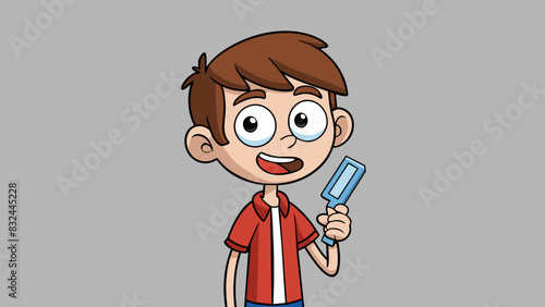A teenage boy nervously held a disposable razor in his shaking hand trying to shave for the first time. The plastic handle of the razor was lined with. Cartoon Vector.