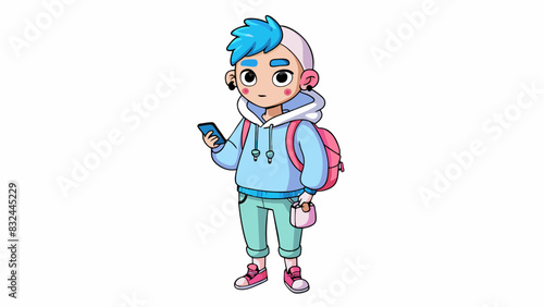 A teenager wearing a oversized hoodie and baggy sweatpants with a smartphone constantly in hand. They sport multiple piercings and bright neon hair. Cartoon Vector.