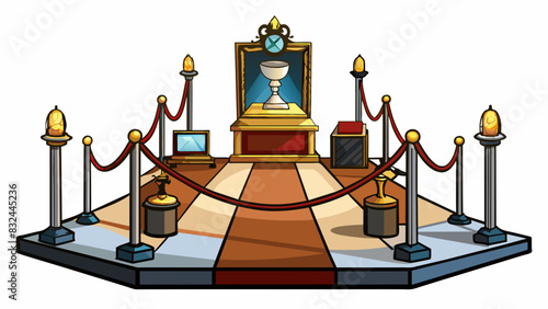 A temporary museum exhibit showcasing a variety of historical artifacts on black velvet pedestals. Each artifact is carefully p and illuminated by. Cartoon Vector.