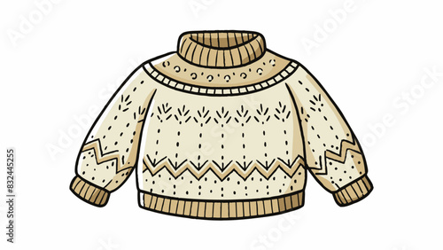 A thick cozy sweater handknitted with soft creamy wool and adorned with delicate Fair Isle patterns. Its warmth and durability make it a perfect. Cartoon Vector.