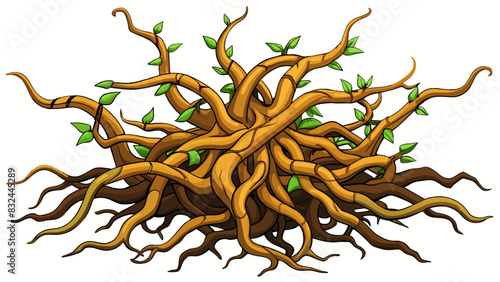 A thick tangle of roots protrudes from the base of an old fallen tree. Over time these roots have intertwined and branched out forming an intricate. Cartoon Vector.
