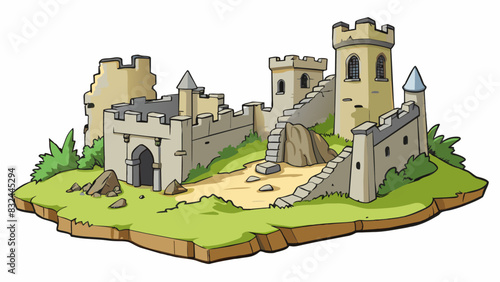 A the ruins of an abandoned village stood the remains of a once magnificent castle. The cracked walls and crumbling towers were a haunting reminder of. Cartoon Vector.