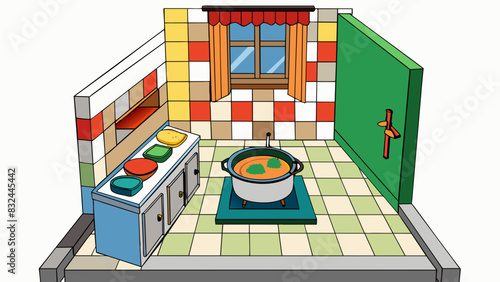 A tiny kitchen with brightly colored tiles and mismatched dishes stacked in the sink. The countertops are crowded with potted herbs and a bubbling pot. Cartoon Vector.