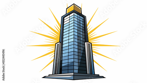 A towering skyscr that gleams in the sunlight its exterior covered in sleek black and silver panels. As the camera pans upward we see a large glowing. Cartoon Vector.