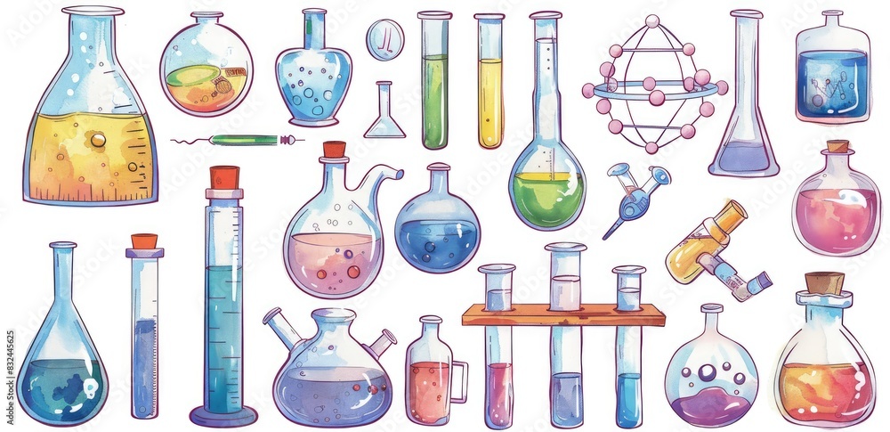 a image of a set of laboratory glassware with different colors a image of a set of laboratory glassware with different colors