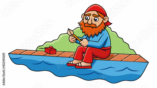 A traveler sat on the edge of a river using a small foldable razor to shave his scruffy beard. The red plastic handle of the razor could be seen. Cartoon Vector. photo