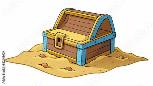 A treasure chest buried deep in the sand on a deserted beach its lid ly visible but still offering protection to its precious contents.. Cartoon Vector.