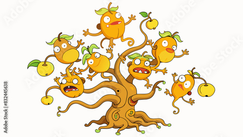 A tree with twisted gnarled branches covered in shiny ripe fruit as a group of greedstricken monkeys fight and claw at each other to reach the top and. Cartoon Vector.