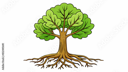 A tree stands tall and straight its roots firmly planted in the ground to support its balanced weight and withstand strong winds.. Cartoon Vector.