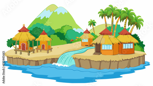 A tropical island dotted with brightly painted huts along the shoreline. The huts are made of bamboo and thatched roofs with colorful curtains. Cartoon Vector.
