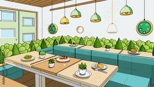 A trendy brunch spot with a bright and airy atmosphere featuring a wall of succulents and a communal table made from reclaimed wood. The brunch menu. Cartoon Vector.