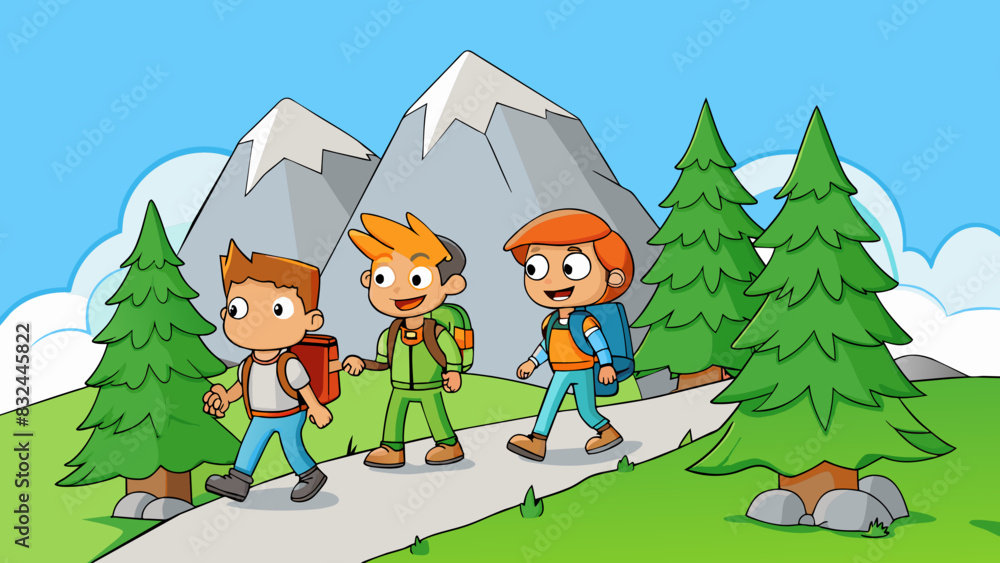 Naklejka premium A video of a group of friends hiking on a rocky trail in the mountains. They are wearing backpacks and sy hiking boots. The trees around them are tall. Cartoon Vector.