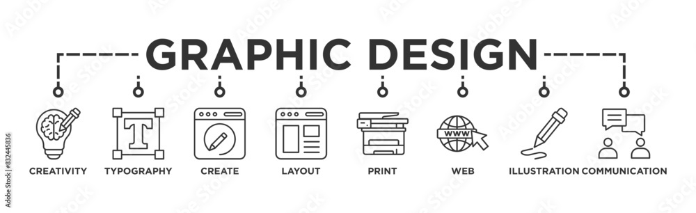 Graphic design banner web icon illustration concept with icon of creativity, typography, create, layout, print, web, illustration and communication Graphic design banner web icon illustration concept with icon of creativity, typography, create, layout, print, web, illustration and communication