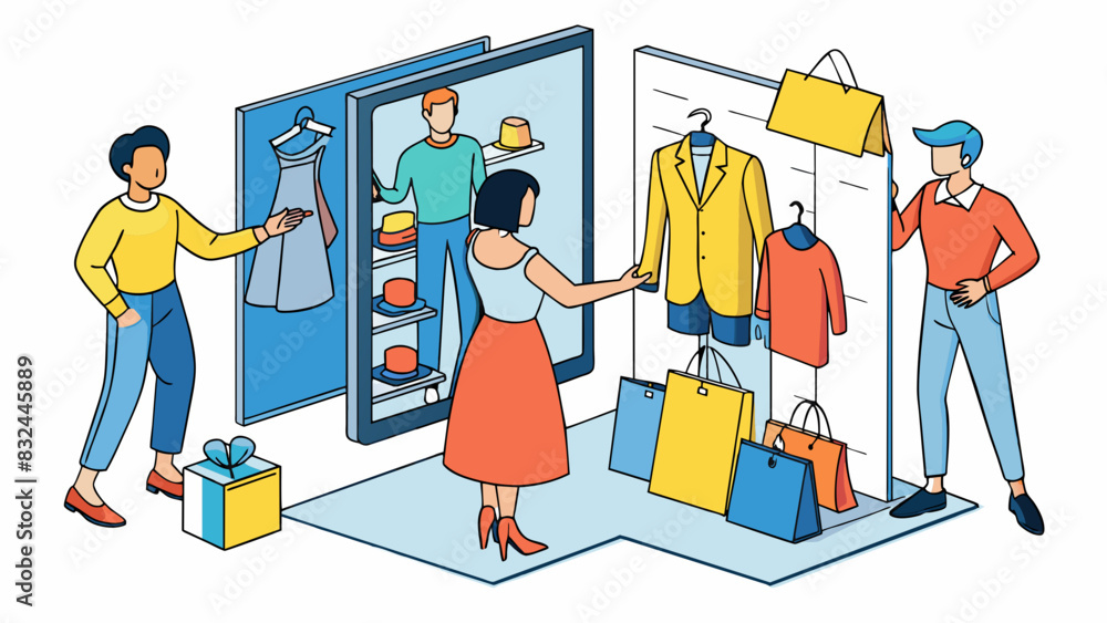 A virtual shopping experience where customers can browse try on and purchase items from the comfort of their own home using realistic 3D product. Cartoon Vector. A virtual shopping experience where customers can browse try on and purchase items from the comfort of their own home using realistic 3D product. Cartoon Vector.