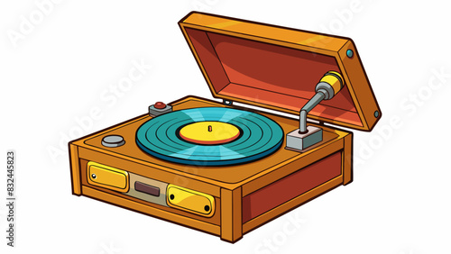 A vintage record player complete with a retro design and wooden casing producing warm rich sound as the vinyl spins on the turntable.. Cartoon Vector.