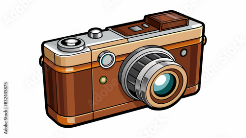 A vintage camera with a black leather covering and a shiny lens. The body is rectangular and has dials and buttons on the top for adjusting settings.. Cartoon Vector.