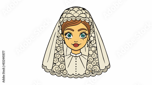 A vintage lace veil delicately covering the brides face and cascading down her back exuding a timeless and romantic aura.. Cartoon Vector.