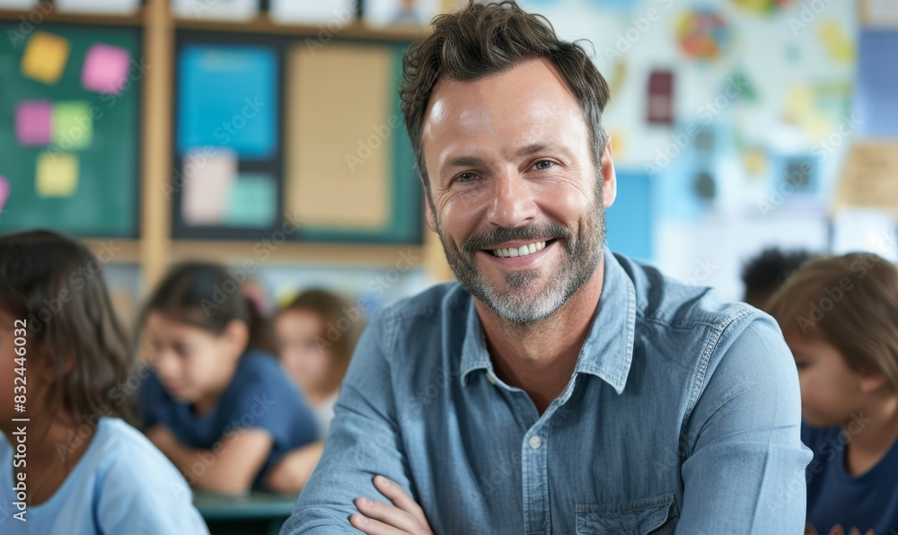 Obraz premium Smiling Male Teacher in Classroom with Students